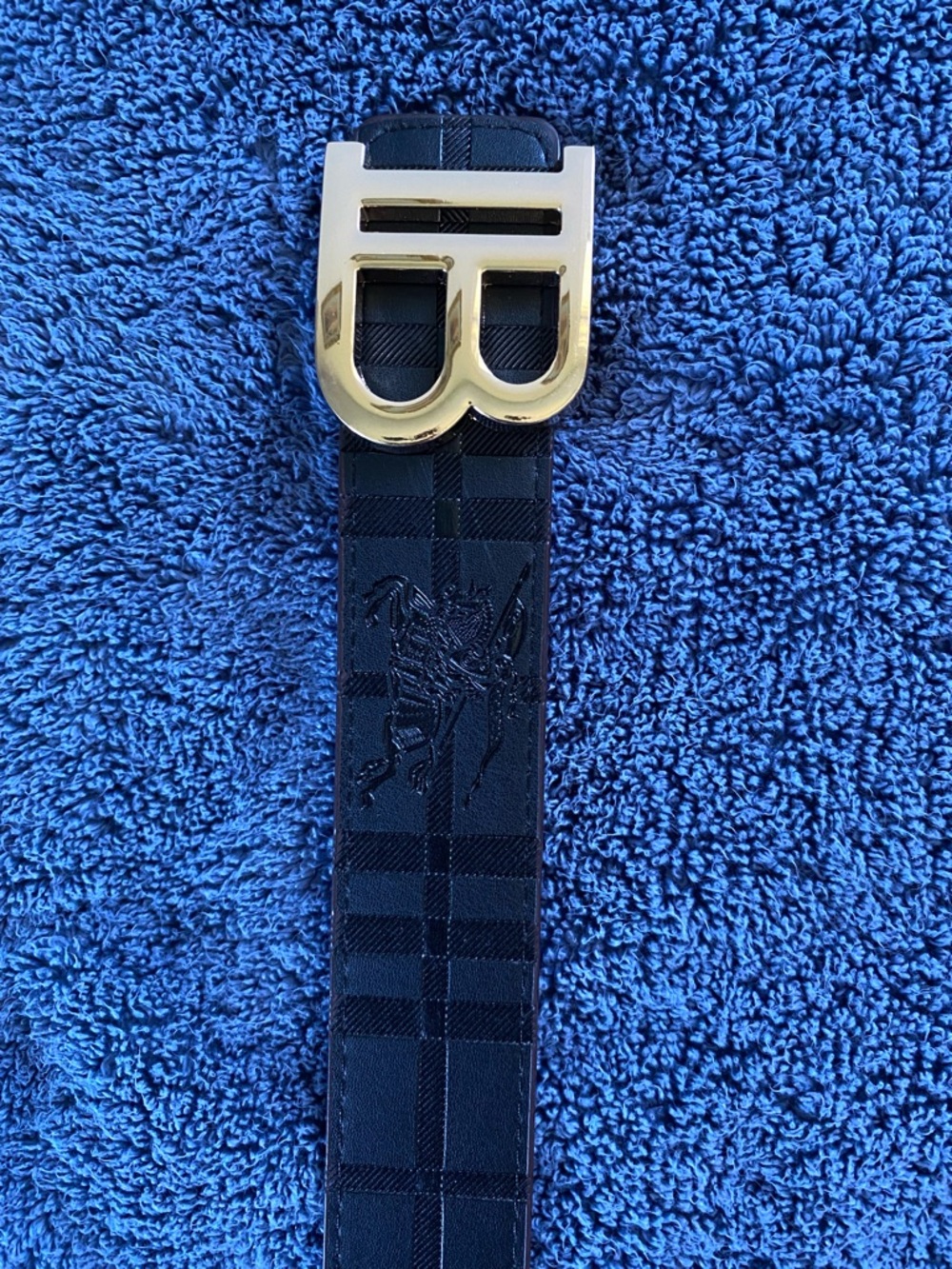 Gold “B” Buckle on Reversible or Classic Print Burberry Belt. 120cm